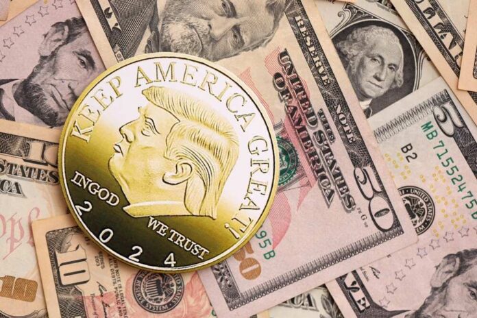 commemorative coin on assorted US dollar bills