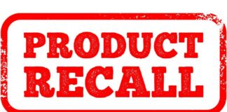 Product recall notice in bold red stamp style text