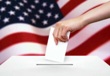 BOMBSHELL: DOJ Targets Illegal Votes Hand dropping ballot into box, American flag background.